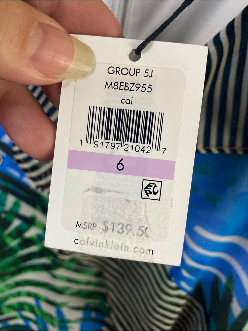 Calvin Klein Blue & Green Tropical Print V-Neck Maxi Dress with Striped Trim - Picture 3 of 5